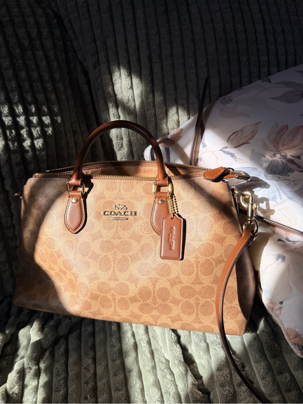 Coach Tan Signature Canvas Satchel with Leather Trim